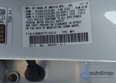 2015 Honda Cr-V Ex-L z USA, uszkodzony, nr VIN 5J6RM3H77FL005132